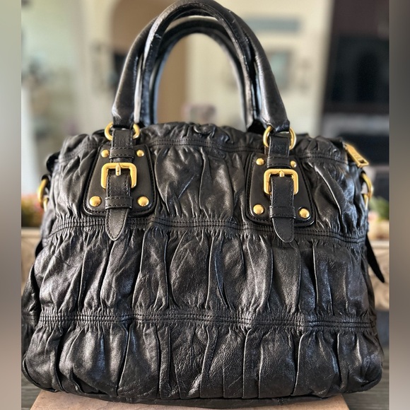 PRADA Ruched Gaufre Leather Top Handle Bag Crossbody Handbag Buttery Soft - Picture 12 of 17
